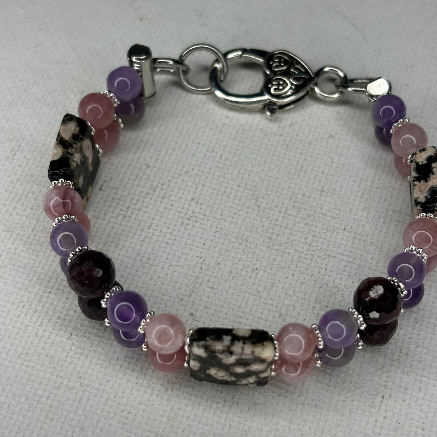 Arusha, Pink Zebra Jasper, Amethyst, Faceted Garnet Doublah Bracelet