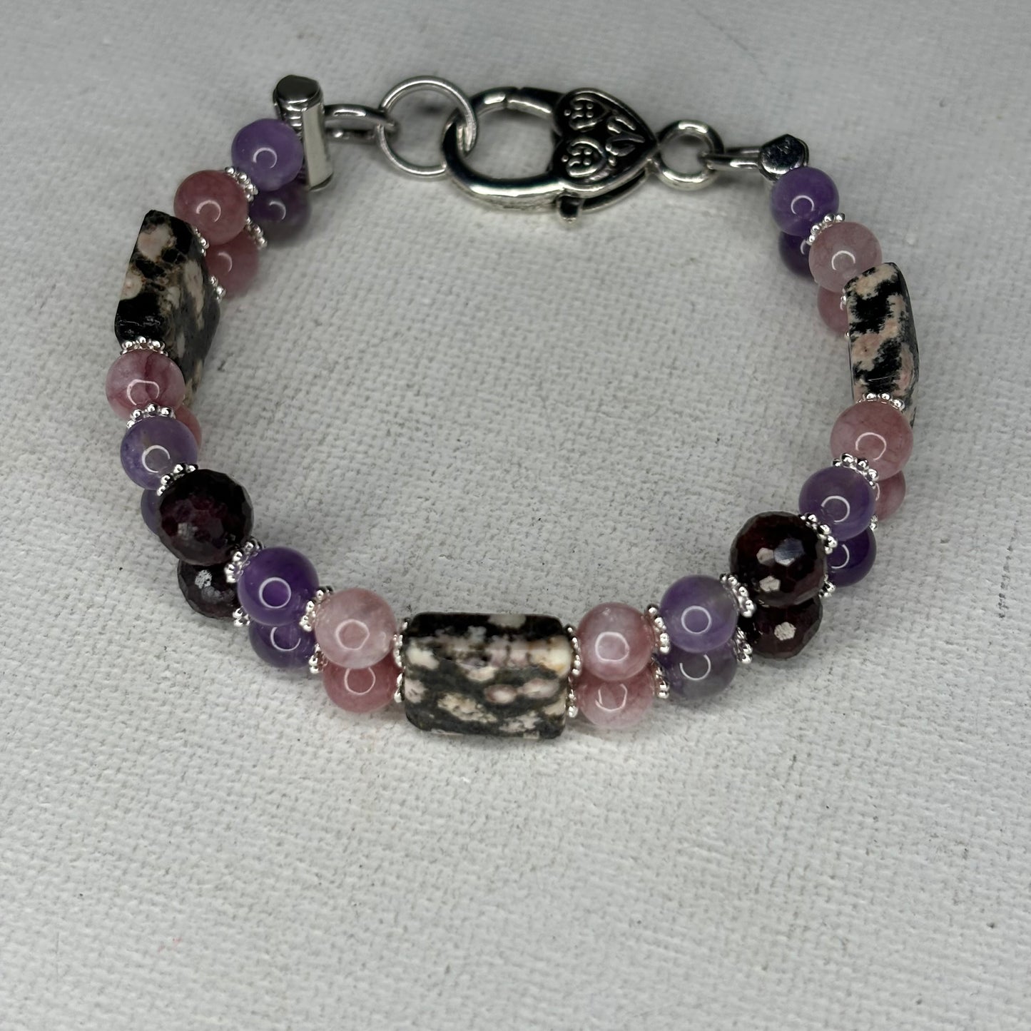 Arusha, Pink Zebra Jasper, Amethyst, Faceted Garnet Doublah Bracelet