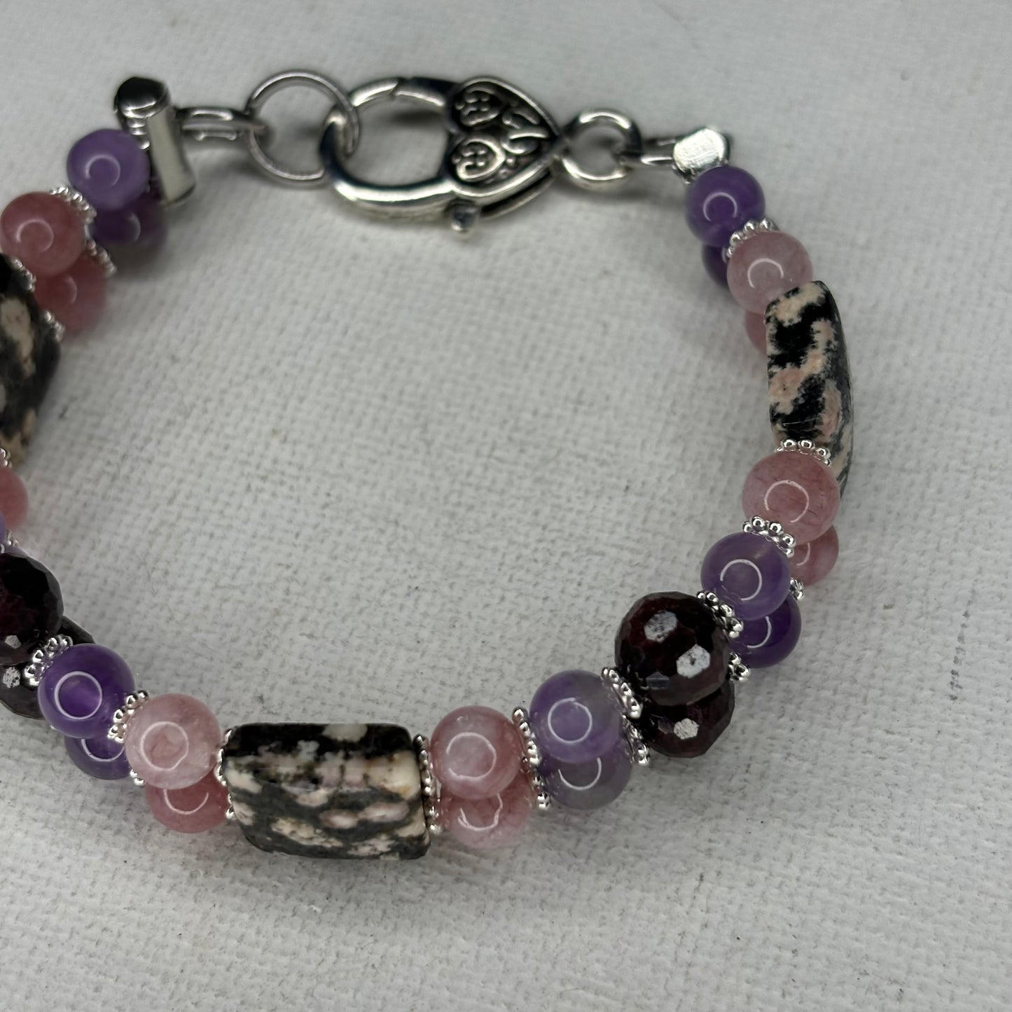 Arusha, Pink Zebra Jasper, Amethyst, Faceted Garnet Doublah Bracelet