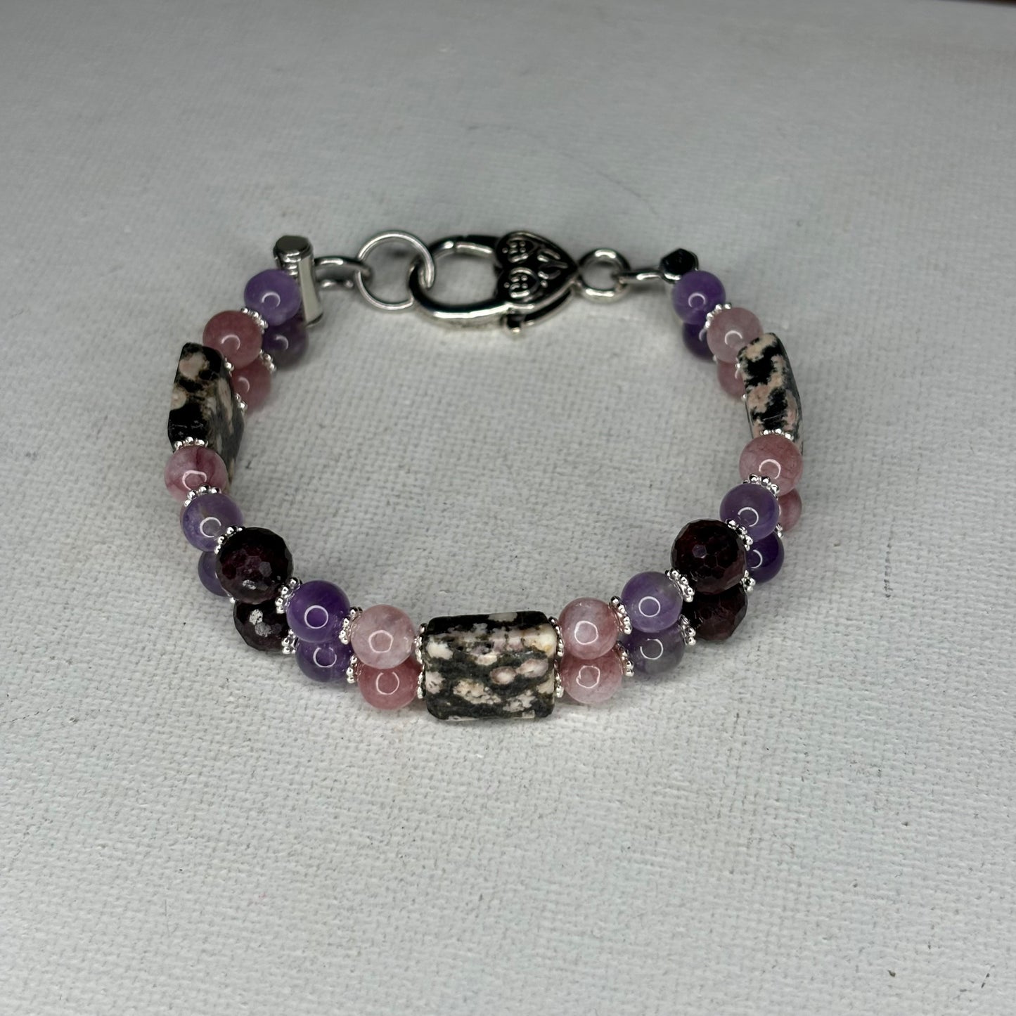 Arusha, Pink Zebra Jasper, Amethyst, Faceted Garnet Doublah Bracelet