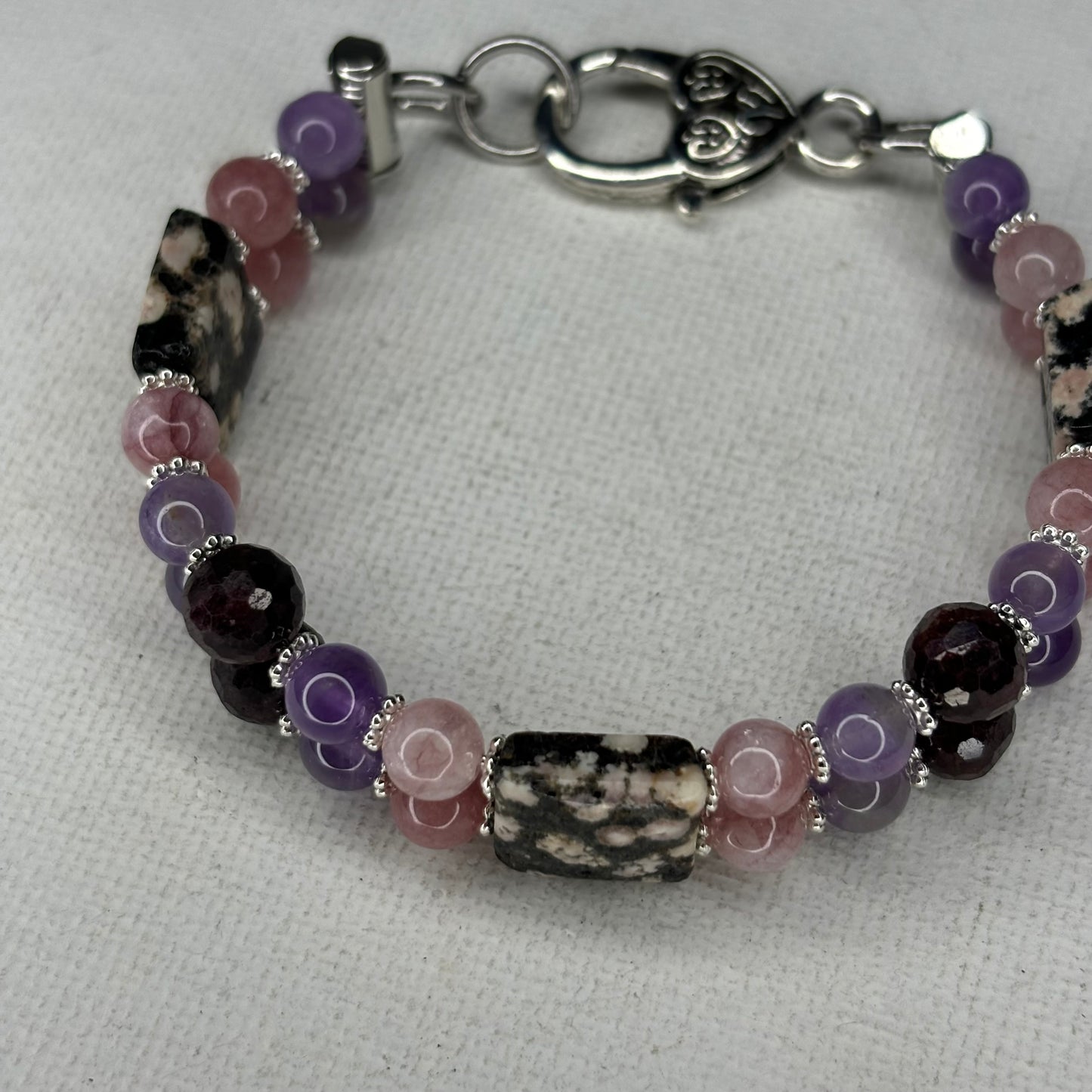 Arusha, Pink Zebra Jasper, Amethyst, Faceted Garnet Doublah Bracelet