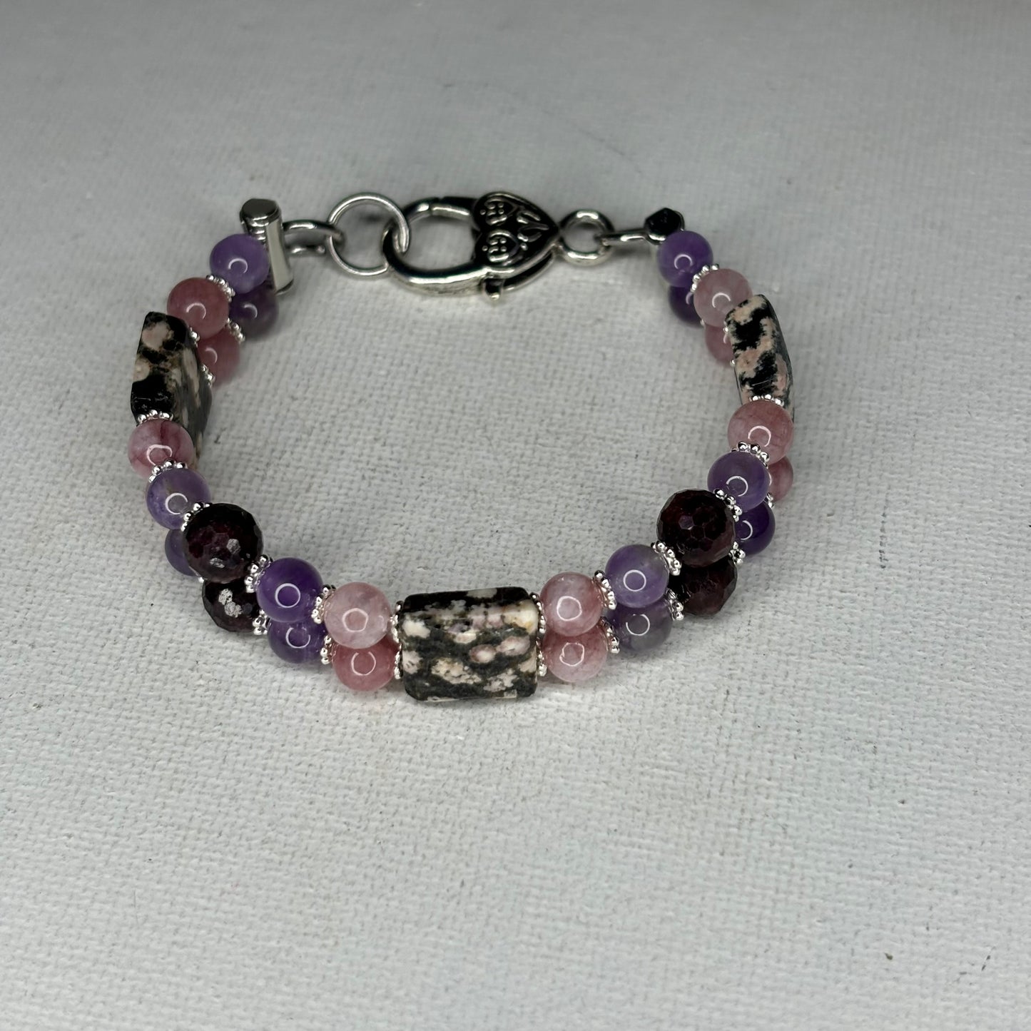 Arusha, Pink Zebra Jasper, Amethyst, Faceted Garnet Doublah Bracelet