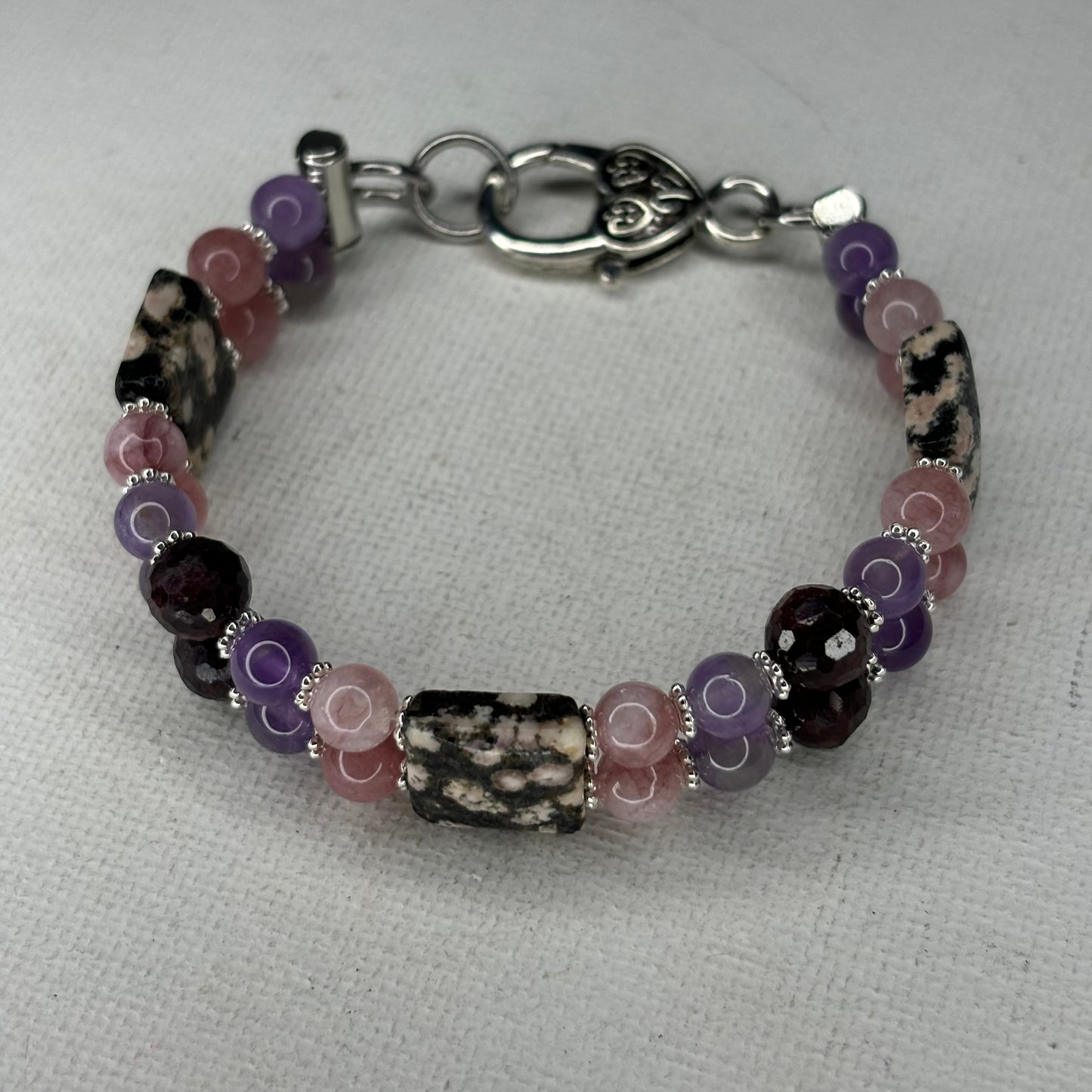 Arusha, Pink Zebra Jasper, Amethyst, Faceted Garnet Doublah Bracelet