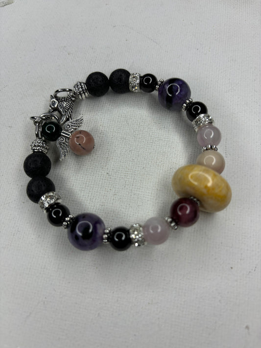 Coral, Mookaite, kunzite, garnet, Lepidolite Bracelet