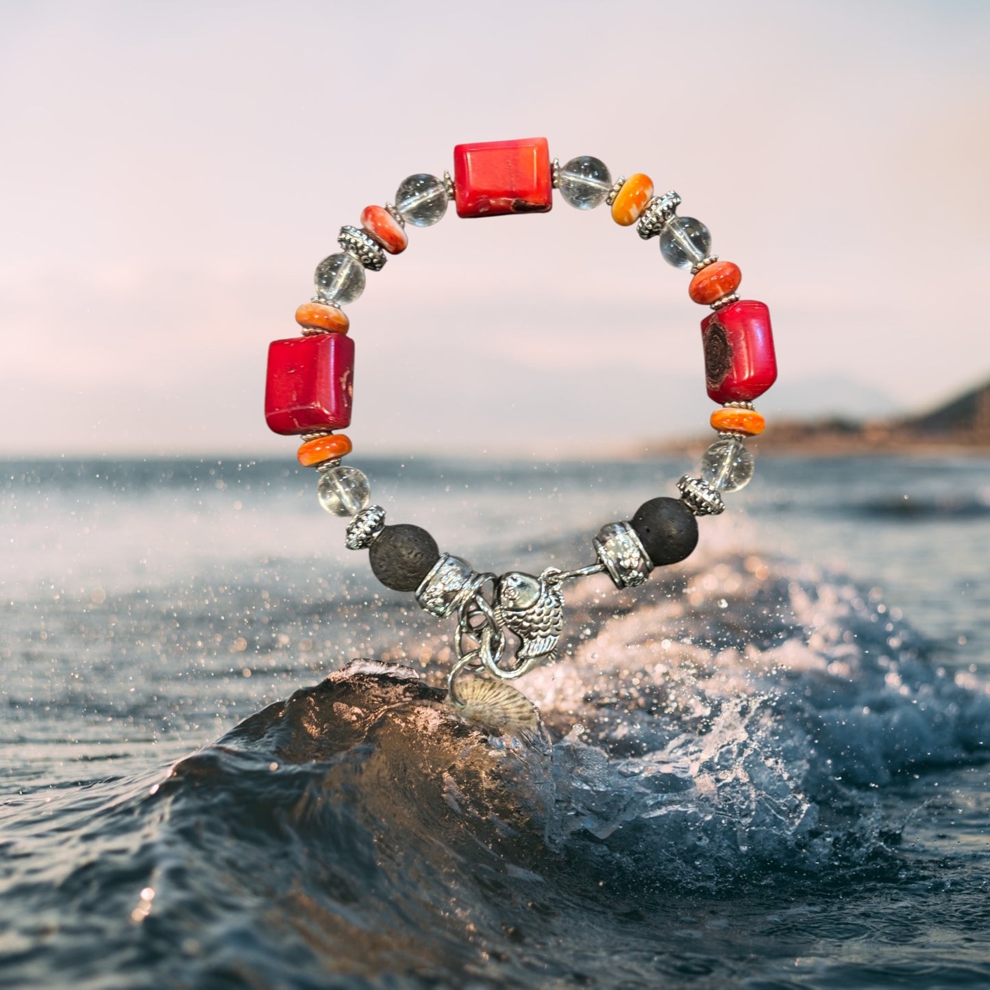 Spiny Oyster, red coral and clear Quartz bracelet