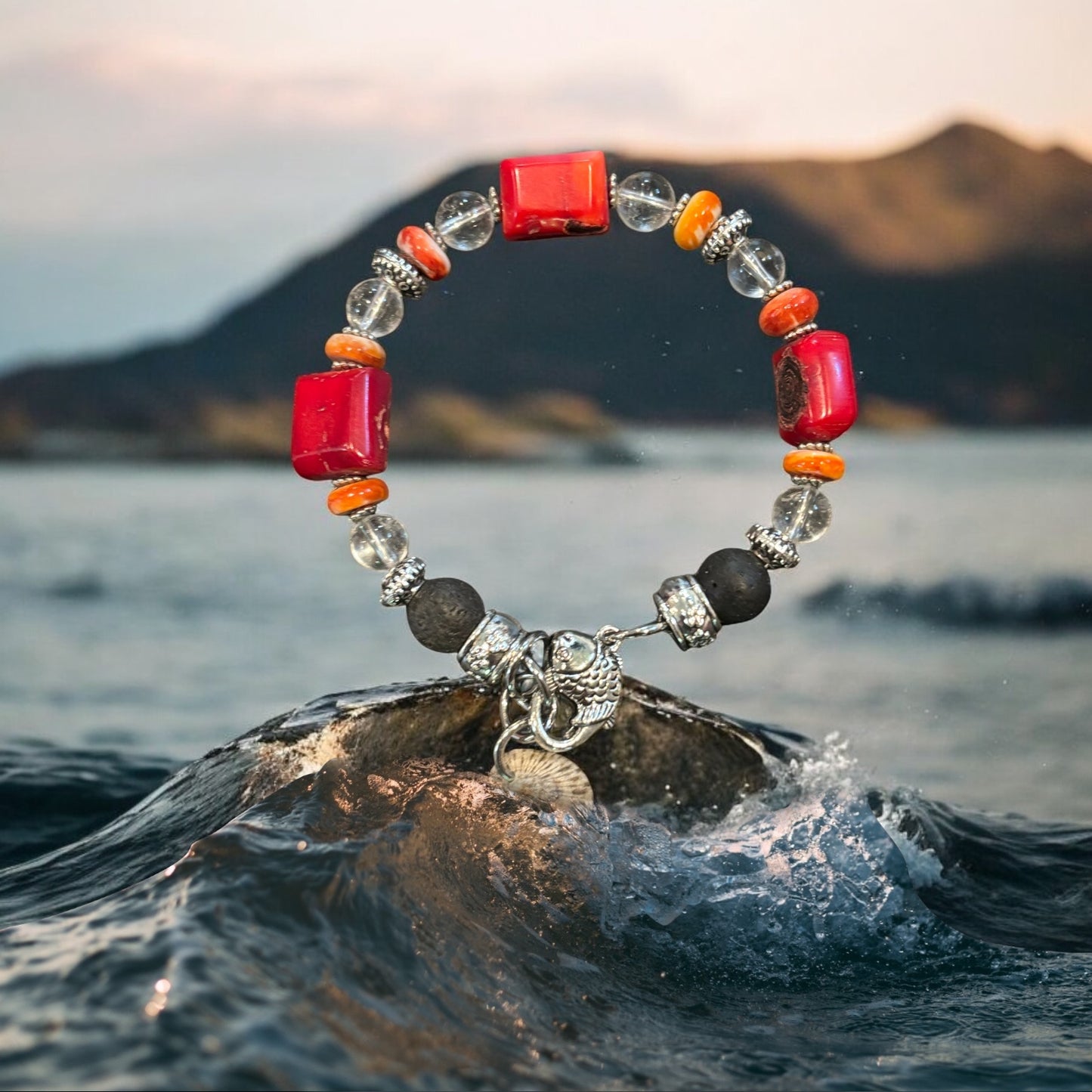Spiny Oyster, red coral and clear Quartz bracelet