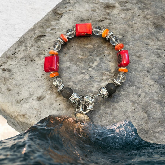 Spiny Oyster, red coral and clear Quartz bracelet